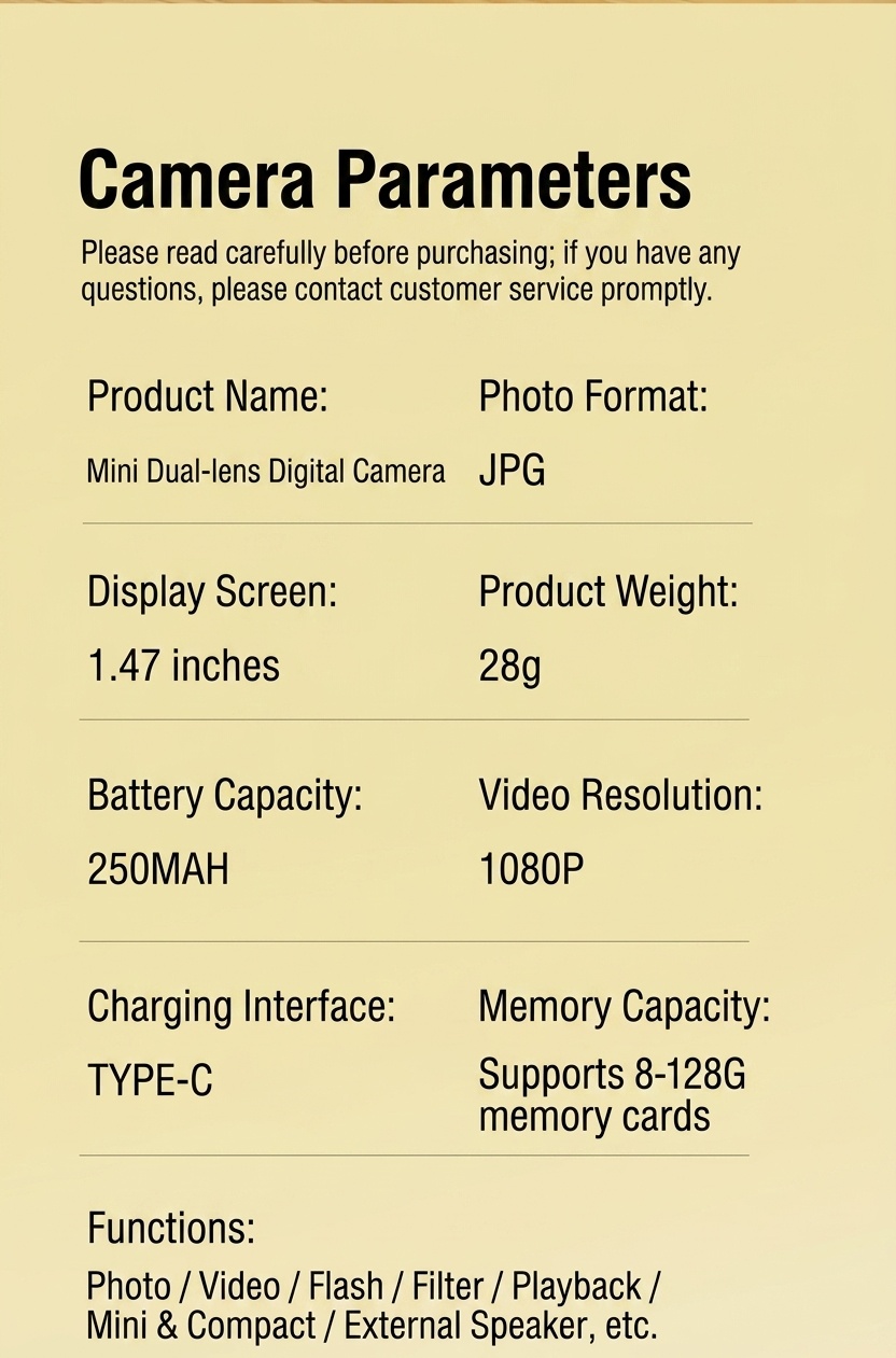 Mini cámara digital portátil de doble lente 1080P para vlogging, pantalla IPS de 1,47 pulgadas, batería de 250 mAh, carga tipo C.