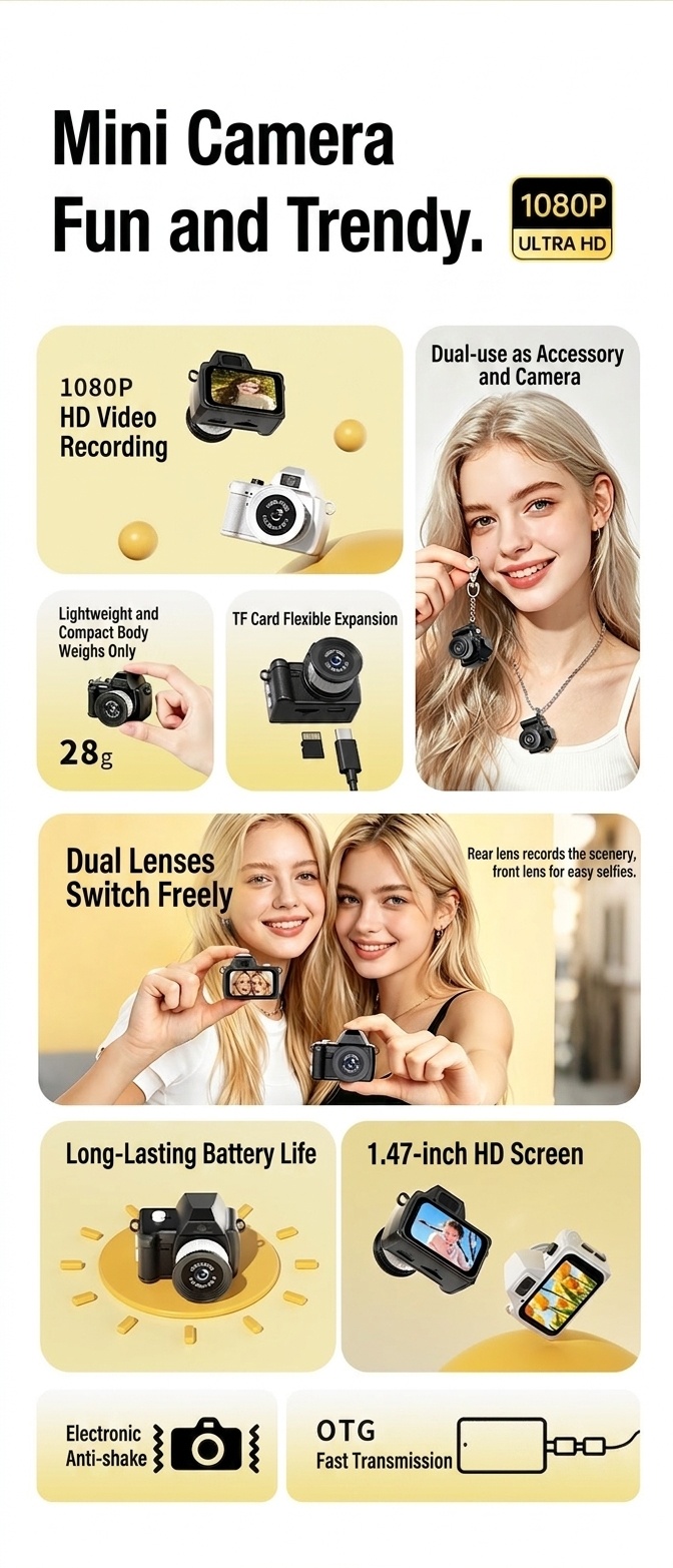 Mini cámara digital portátil de doble lente 1080P para vlogging, pantalla IPS de 1,47 pulgadas, batería de 250 mAh, carga tipo C.
