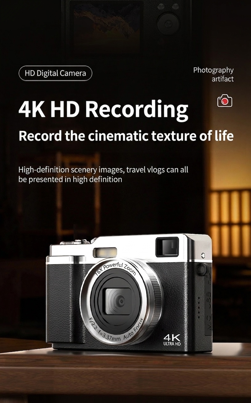 Retro Mini Digital Camera 4K HD Portable Vlogging Cam, 64MP Sensor, 16X Zoom, AF Autofocus, OTG Transmission