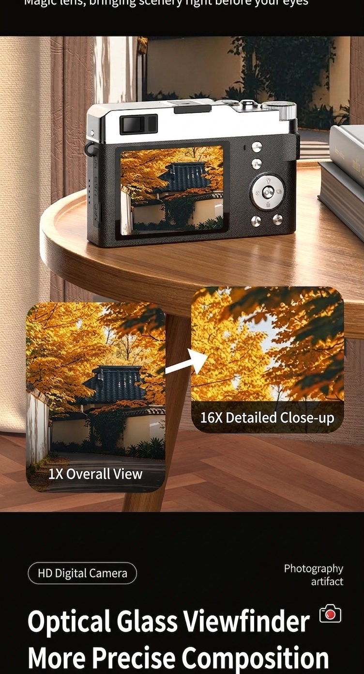 Retro Mini Digital Camera 4K HD Portable Vlogging Cam, 64MP Sensor, 16X Zoom, AF Autofocus, OTG Transmission