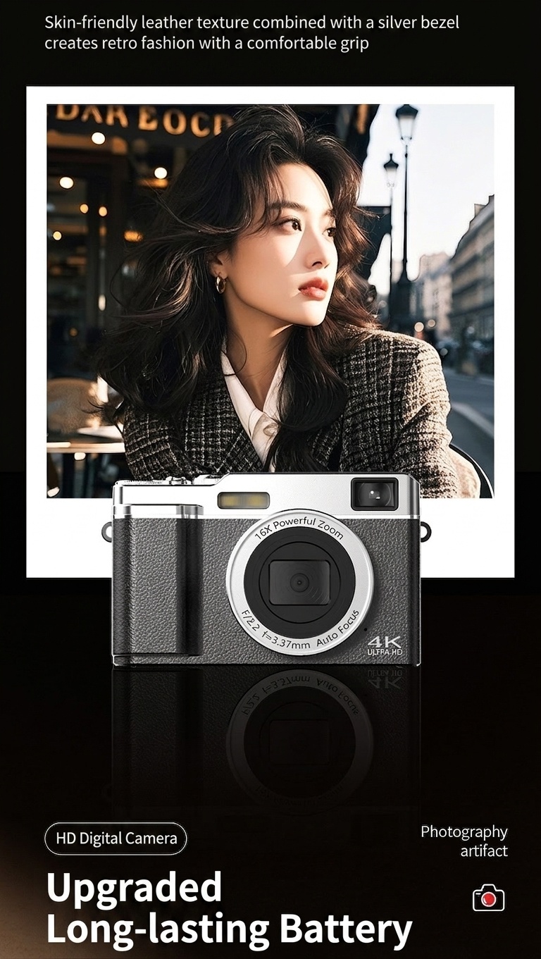 Retro Mini Digital Camera 4K HD Portable Vlogging Cam, 64MP Sensor, 16X Zoom, AF Autofocus, OTG Transmission