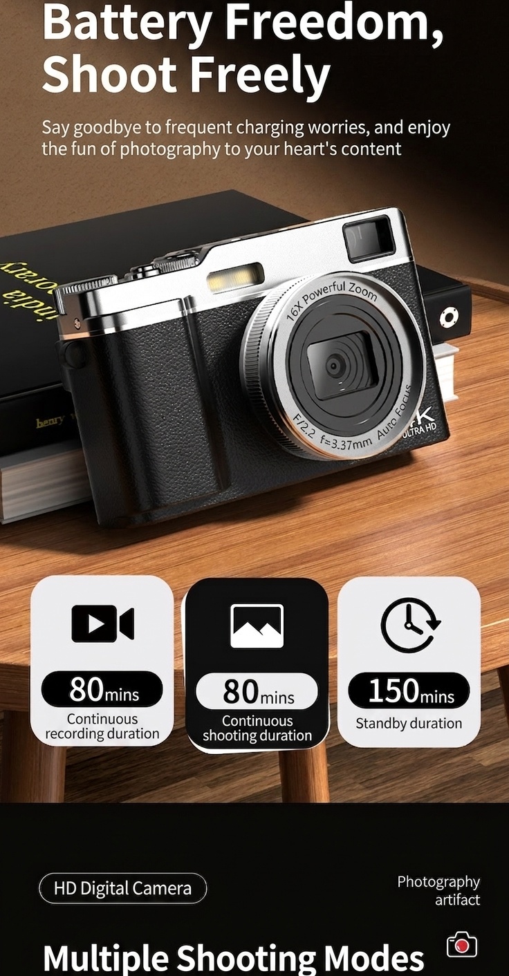 Retro Mini Digital Camera 4K HD Portable Vlogging Cam, 64MP Sensor, 16X Zoom, AF Autofocus, OTG Transmission