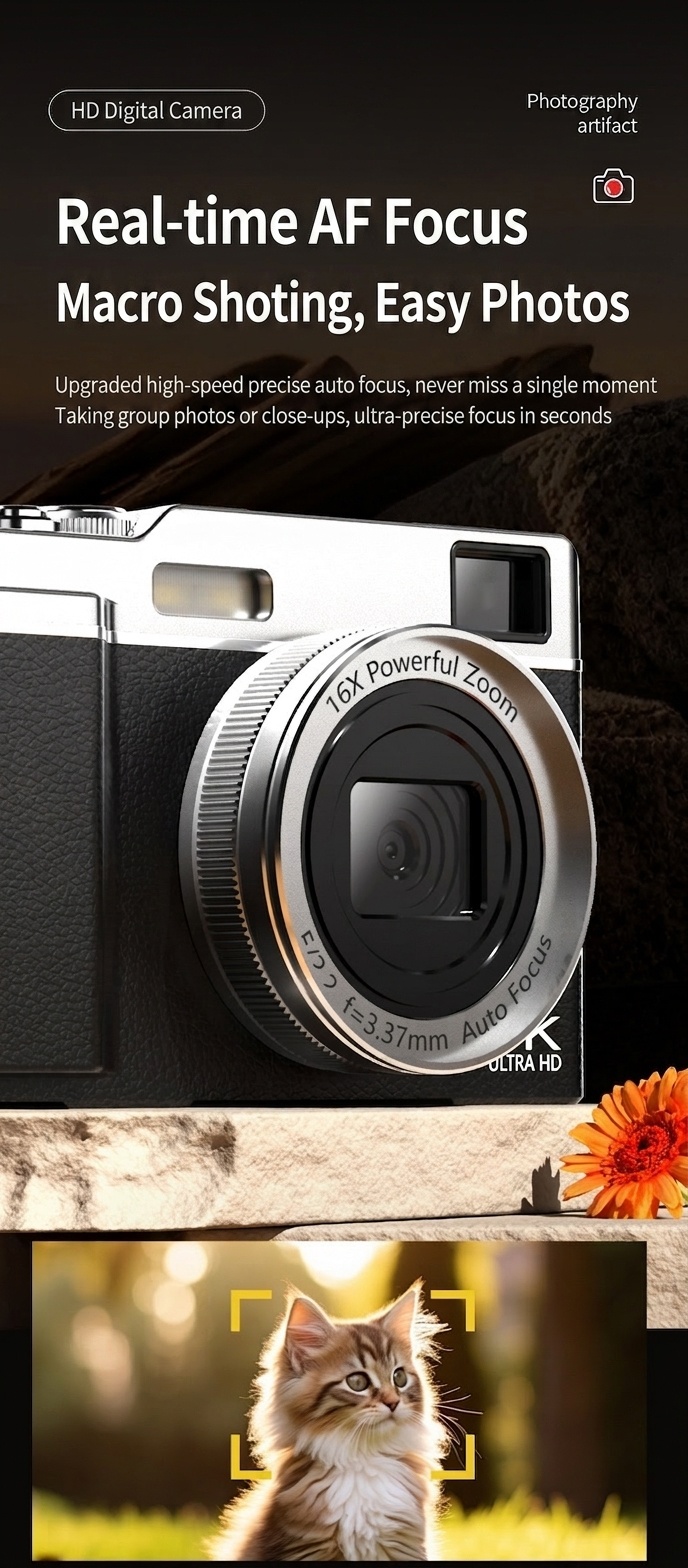 Retro Mini Digital Camera 4K HD Portable Vlogging Cam, 64MP Sensor, 16X Zoom, AF Autofocus, OTG Transmission