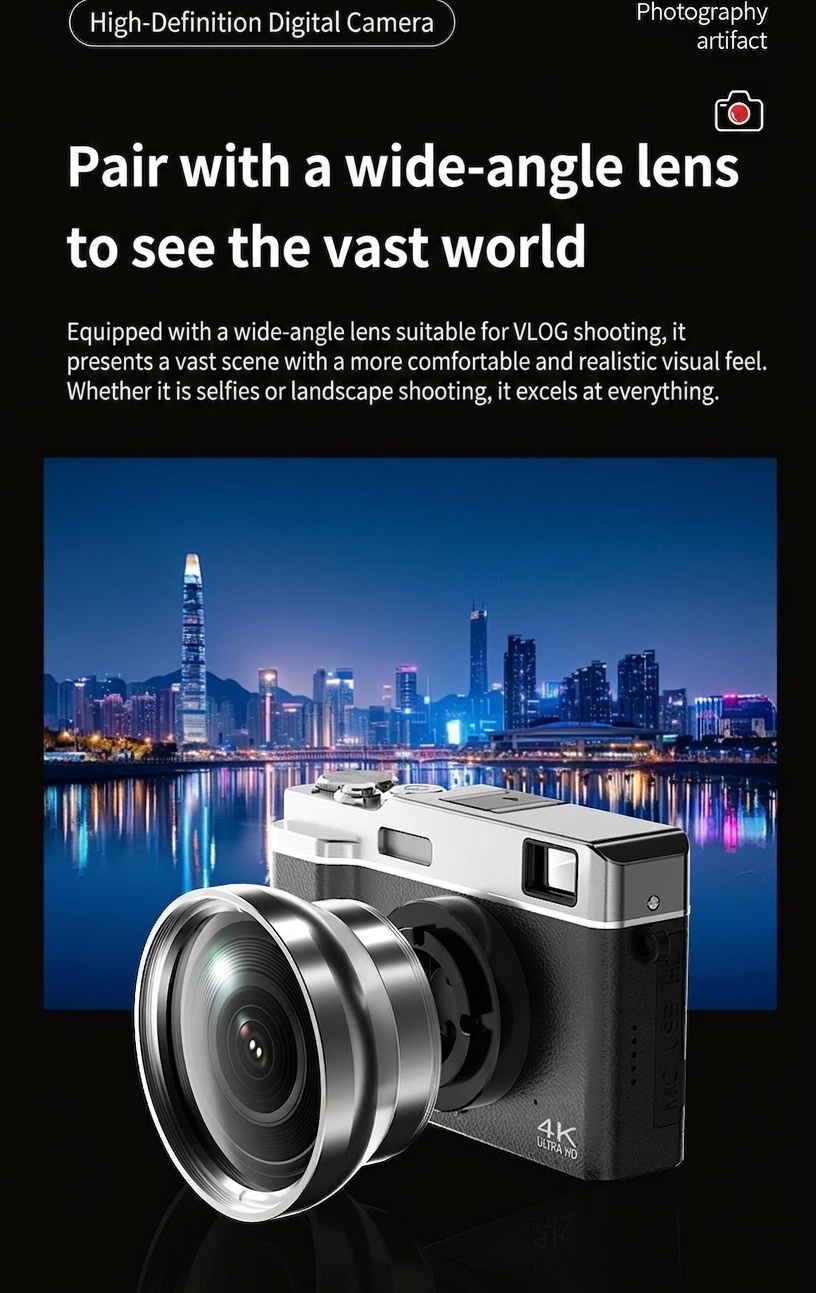 Retro Mini Digital Camera 4K HD Portable Vlogging Cam, 64MP Sensor, 16X Zoom, AF Autofocus, OTG Transmission
