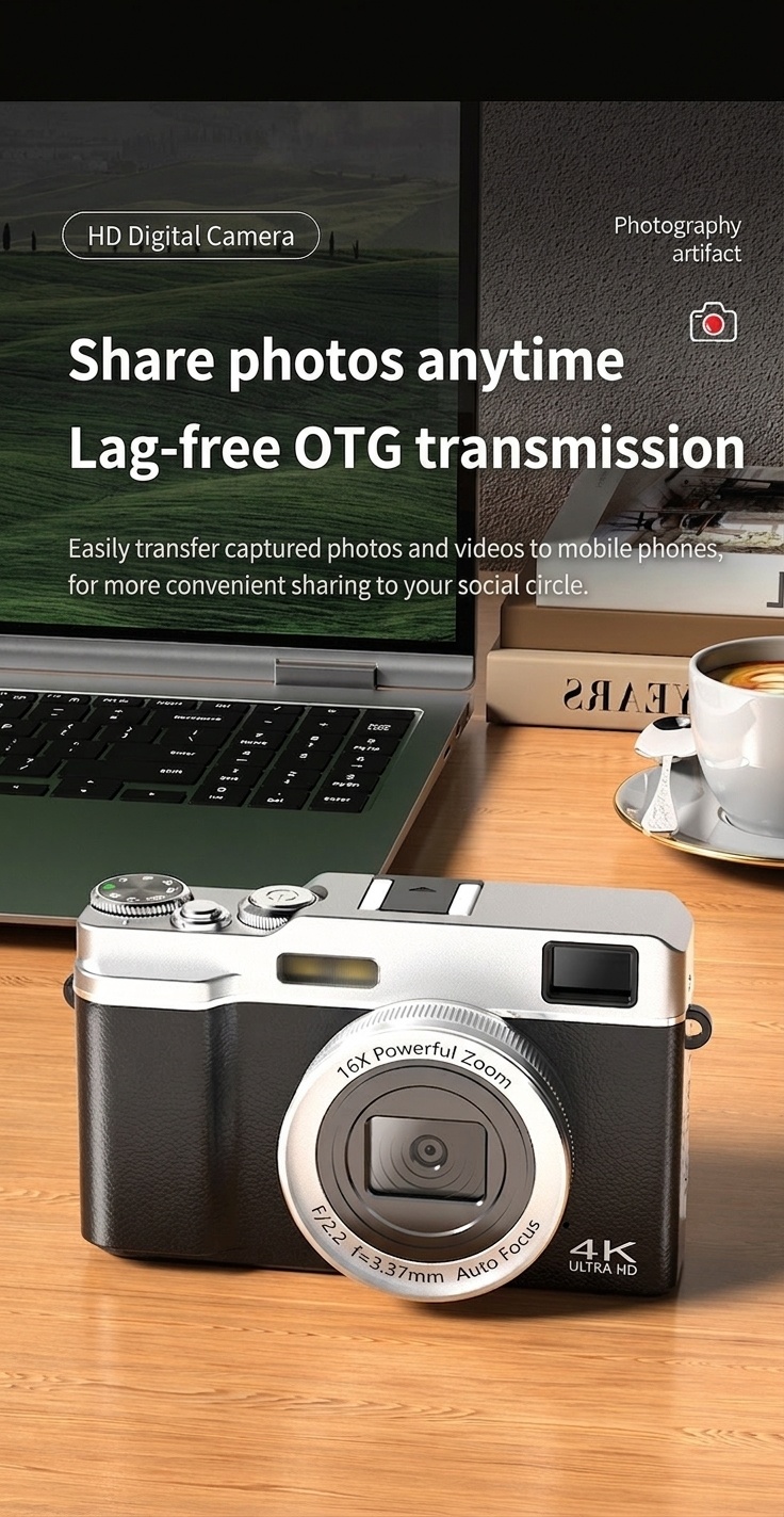 Retro Mini Digital Camera 4K HD Portable Vlogging Cam, 64MP Sensor, 16X Zoom, AF Autofocus, OTG Transmission