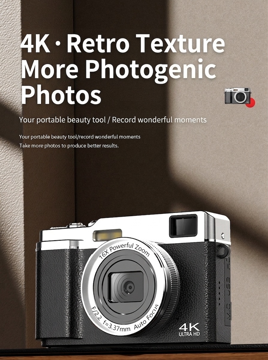 Retro Mini Digital Camera 4K HD Portable Vlogging Cam, 64MP Sensor, 16X Zoom, AF Autofocus, OTG Transmission