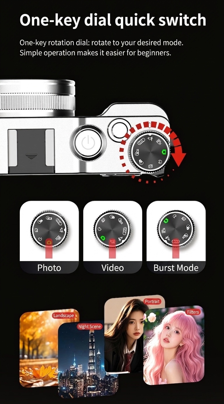 Retro Mini Digital Camera 4K HD Portable Vlogging Cam, 64MP Sensor, 16X Zoom, AF Autofocus, OTG Transmission