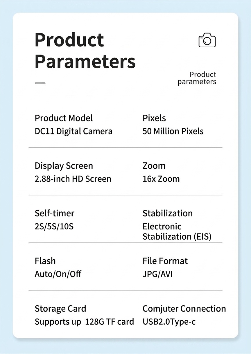 Cámara digital 4K de 50 MP con zoom 16X, cámara compacta para vlogging, pantalla de 2,88 pulgadas, enfoque automático y estabilización electrónica de imagen.