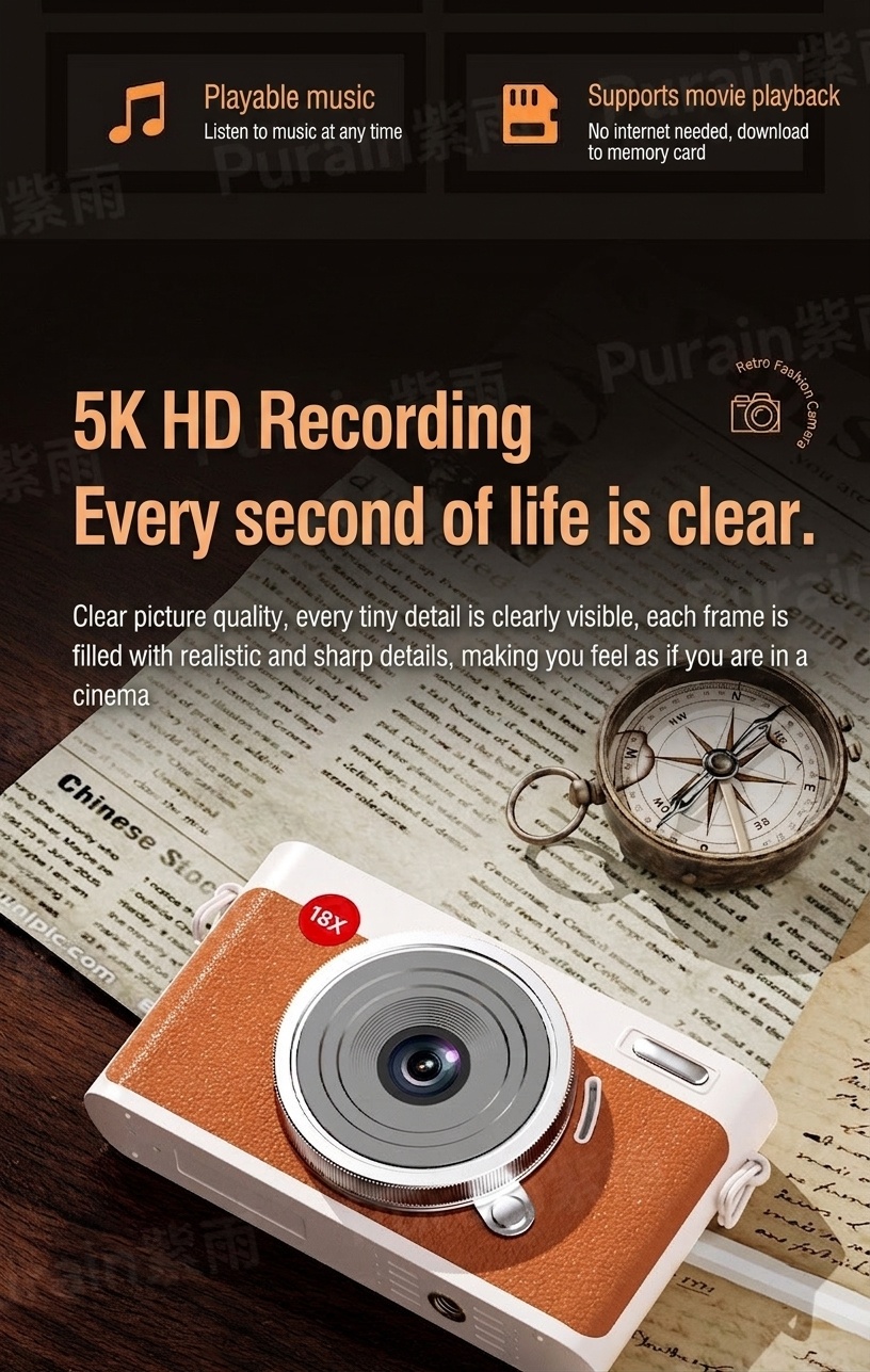 Retro Digital Camera 72MP 5K Video Point and Shoot, WiFi Sharing, 18X Digital Zoom, 4-Inch Touch Screen