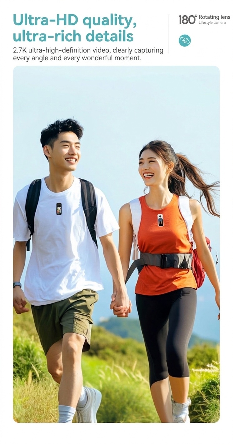 Mini 2.7K Action Camera with 180° Rotating Lens, Ultra-Light 35g, WiFi App Control, 60-Minute Battery Life