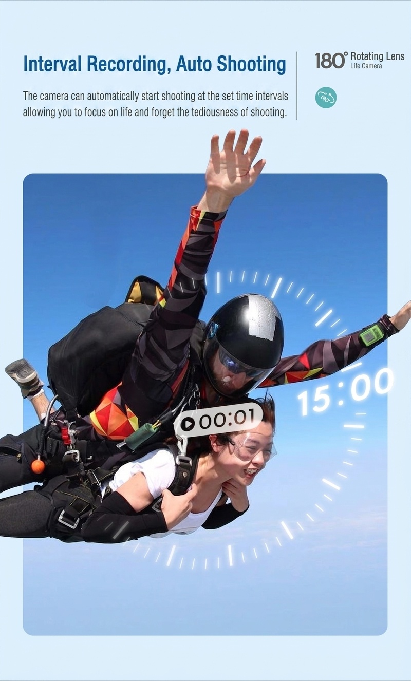 Mini 2.7K Action Camera with 180° Rotating Lens, Ultra-Light 35g, WiFi App Control, 60-Minute Battery Life
