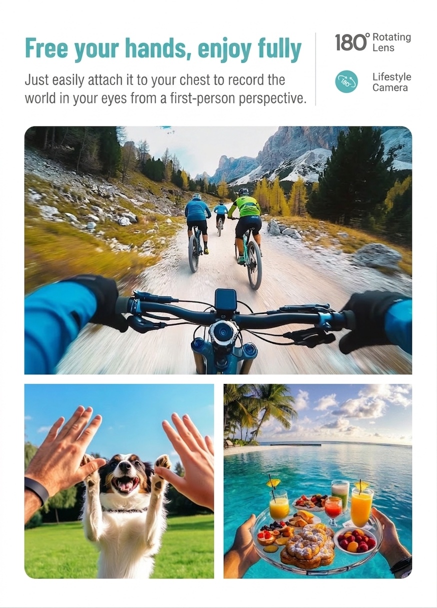Mini 2.7K Action Camera with 180° Rotating Lens, Ultra-Light 35g, WiFi App Control, 60-Minute Battery Life