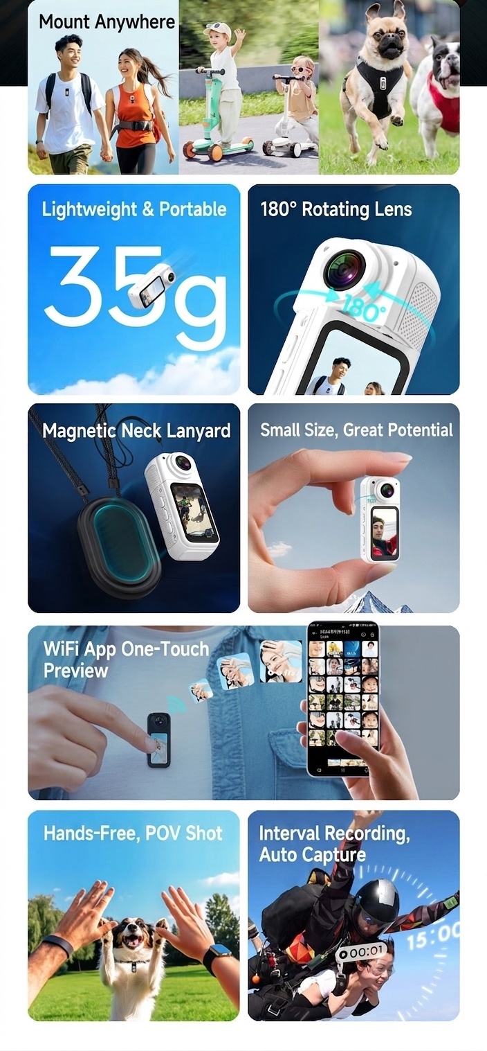 Mini 2.7K Action Camera with 180° Rotating Lens, Ultra-Light 35g, WiFi App Control, 60-Minute Battery Life