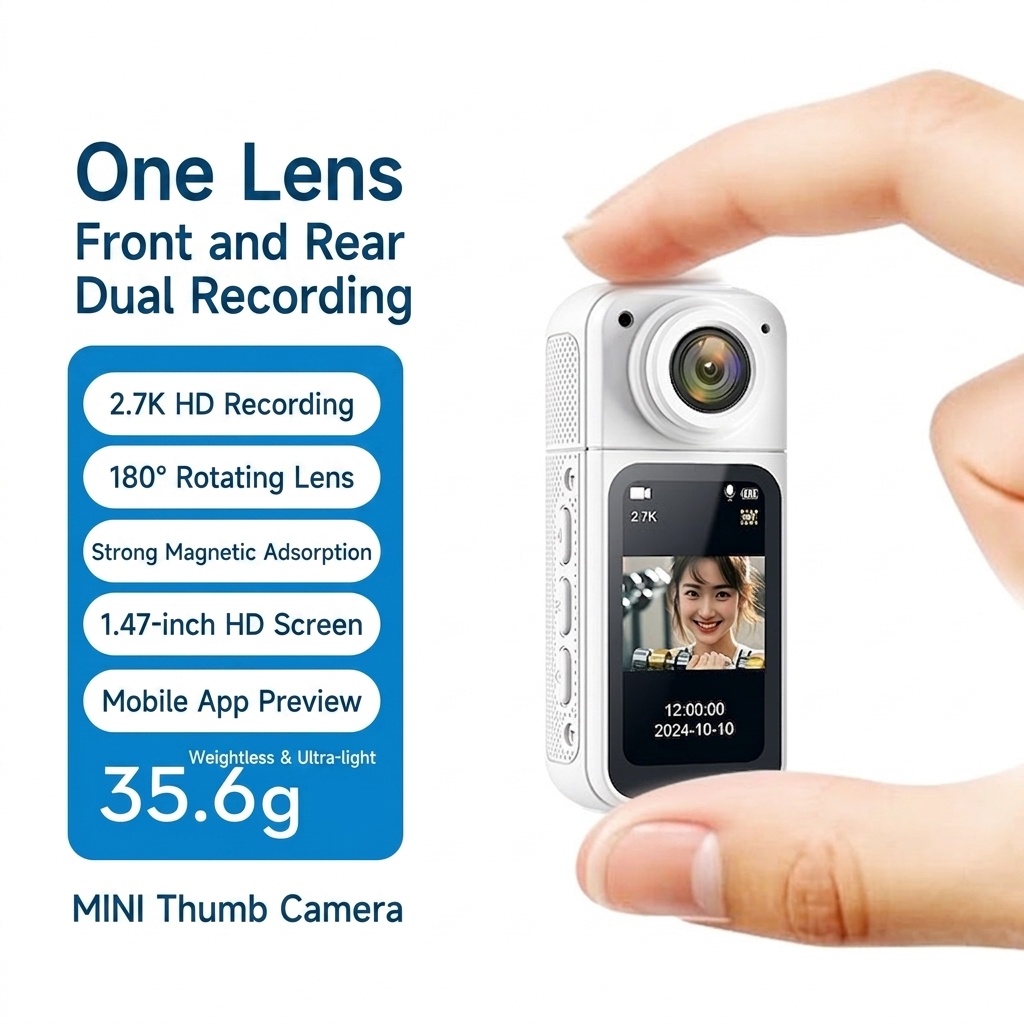 Mini 2.7K Action Camera with 180° Rotating Lens, Ultra-Light 35g, WiFi App Control, 60-Minute Battery Life