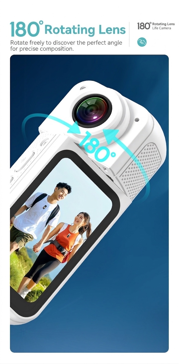 Mini 2.7K Action Camera with 180° Rotating Lens, Ultra-Light 35g, WiFi App Control, 60-Minute Battery Life