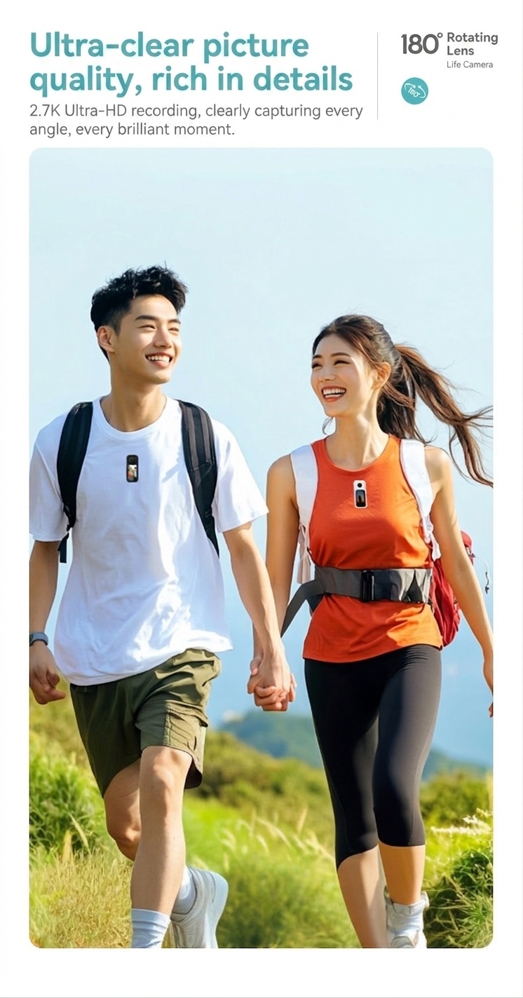 Mini 2.7K Action Camera with 180° Rotating Lens, Ultra-Light 35g, WiFi App Control, 60-Minute Battery Life