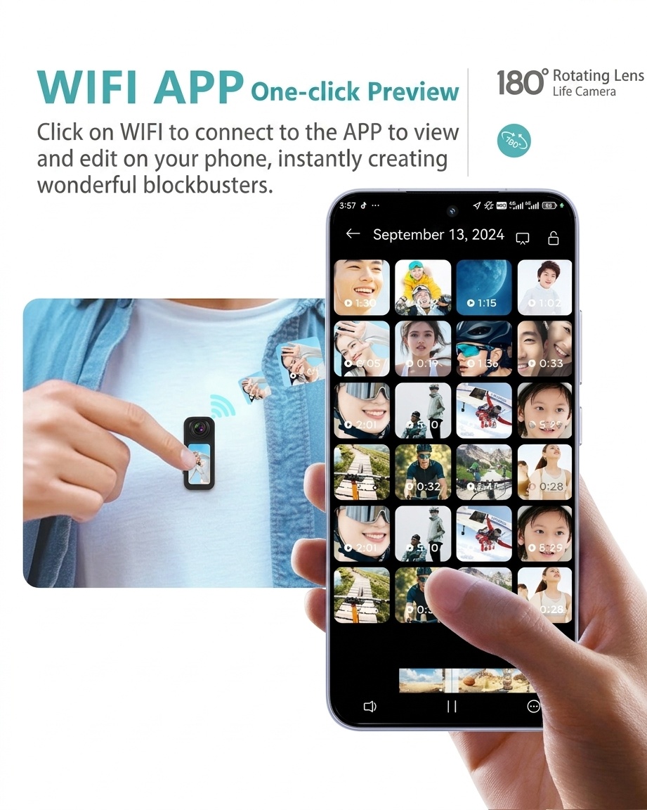 Mini 2.7K Action Camera with 180° Rotating Lens, Ultra-Light 35g, WiFi App Control, 60-Minute Battery Life