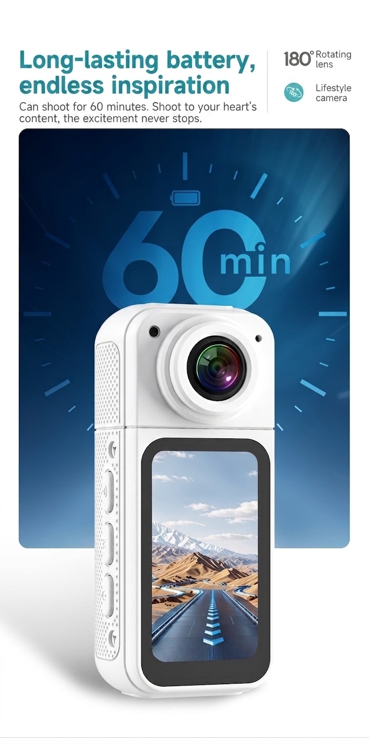Mini 2.7K Action Camera with 180° Rotating Lens, Ultra-Light 35g, WiFi App Control, 60-Minute Battery Life