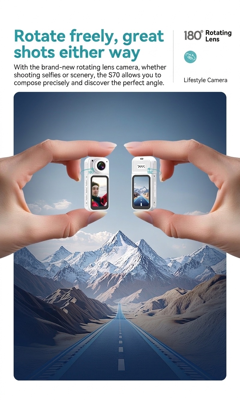 Mini 2.7K Action Camera with 180° Rotating Lens, Ultra-Light 35g, WiFi App Control, 60-Minute Battery Life