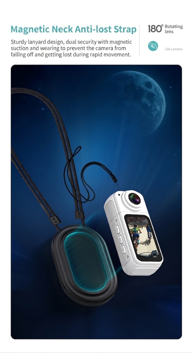Mini 2.7K Action Camera with 180° Rotating Lens, Ultra-Light 35g, WiFi App Control, 60-Minute Battery Life