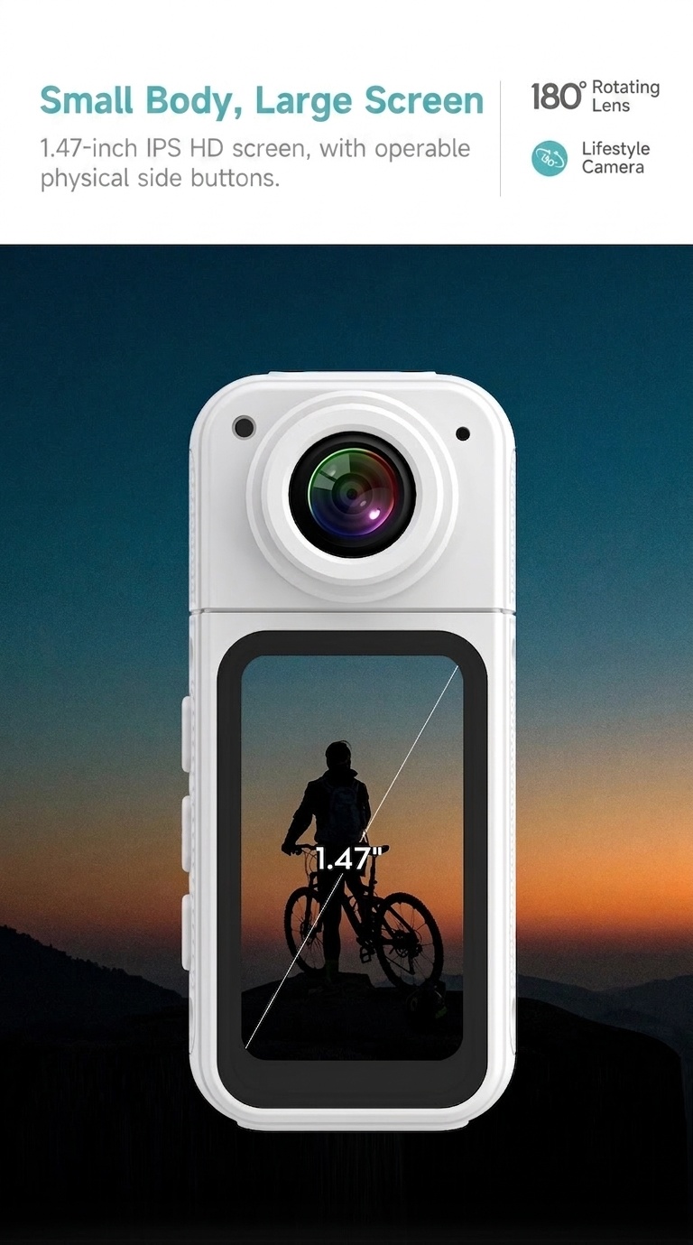 Mini 2.7K Action Camera with 180° Rotating Lens, Ultra-Light 35g, WiFi App Control, 60-Minute Battery Life