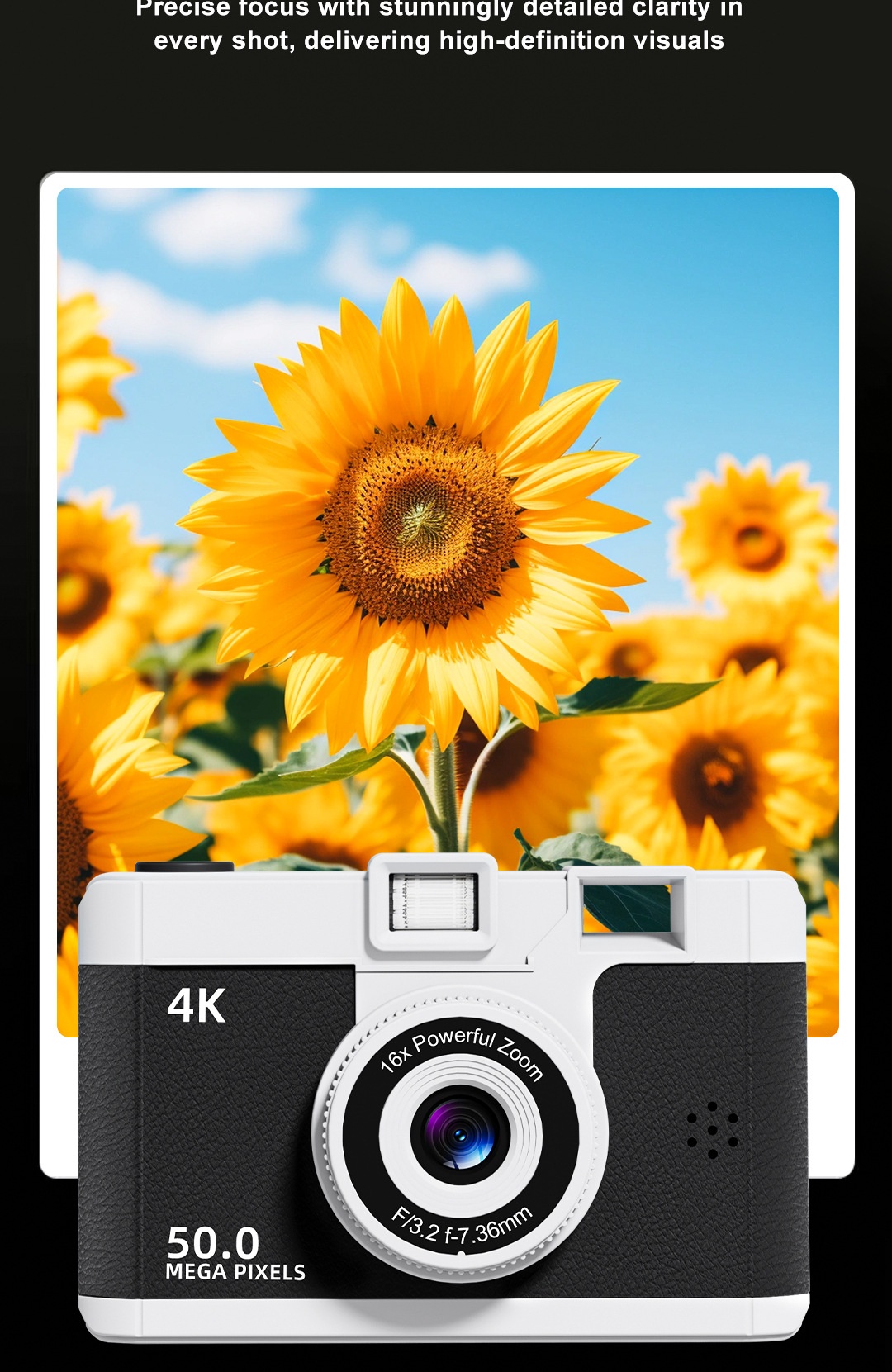 50MP 4K Digital Camera with 16x Digital Zoom, Wi-Fi Transfer, 2.4-Inch IPS Screen, MP3 Playback, 800mAh Battery