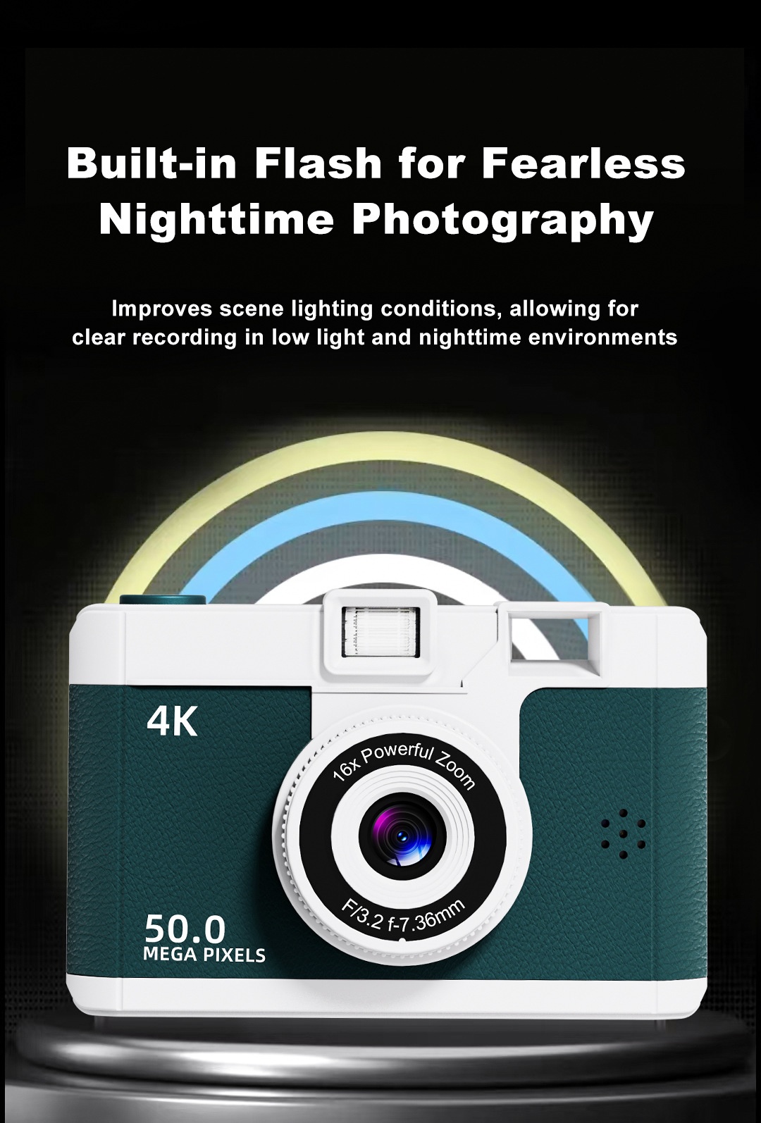 50MP 4K Digital Camera with 16x Digital Zoom, Wi-Fi Transfer, 2.4-Inch IPS Screen, MP3 Playback, 800mAh Battery