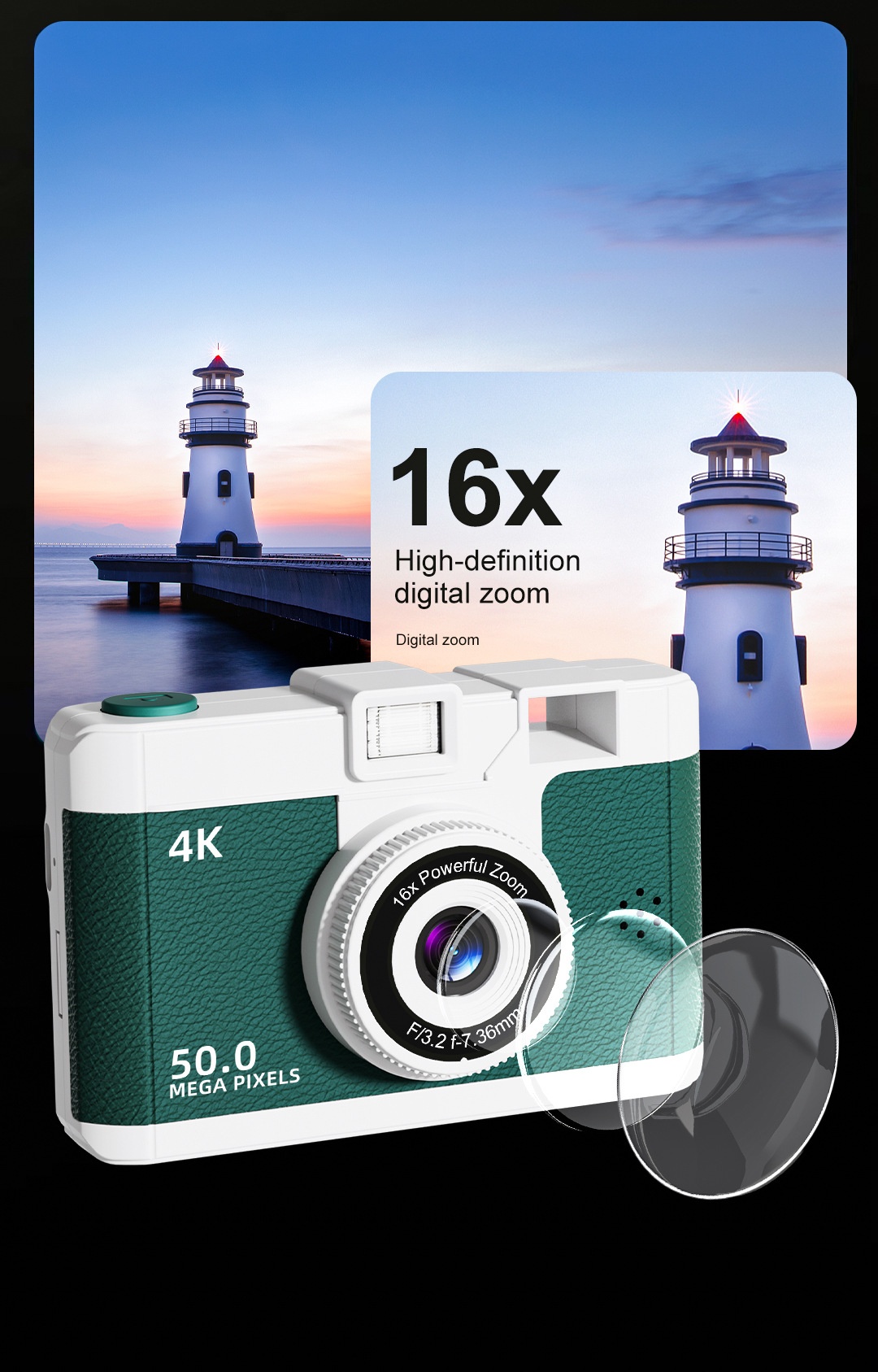 50MP 4K Digital Camera with 16x Digital Zoom, Wi-Fi Transfer, 2.4-Inch IPS Screen, MP3 Playback, 800mAh Battery