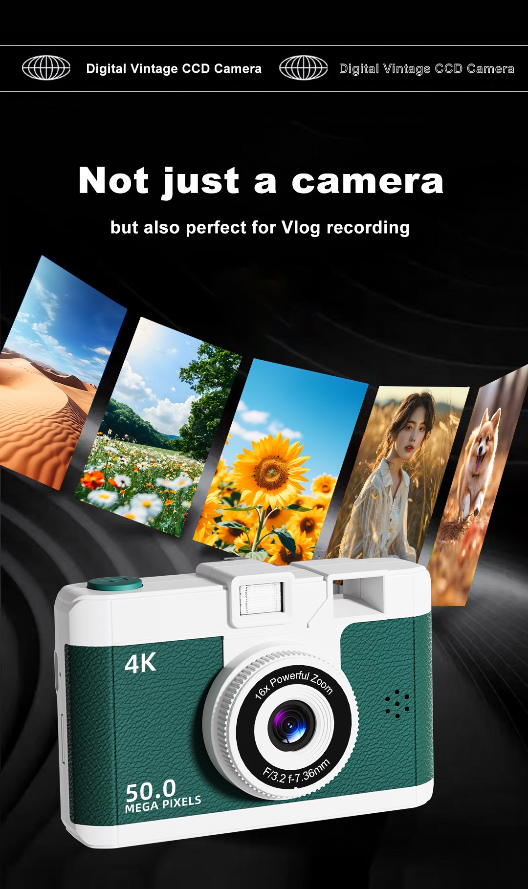 50MP 4K Digital Camera with 16x Digital Zoom, Wi-Fi Transfer, 2.4-Inch IPS Screen, MP3 Playback, 800mAh Battery