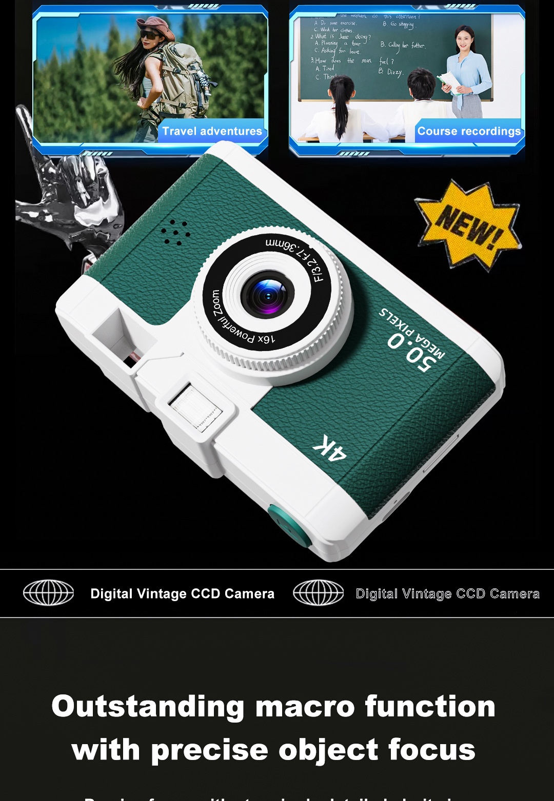 50MP 4K Digital Camera with 16x Digital Zoom, Wi-Fi Transfer, 2.4-Inch IPS Screen, MP3 Playback, 800mAh Battery