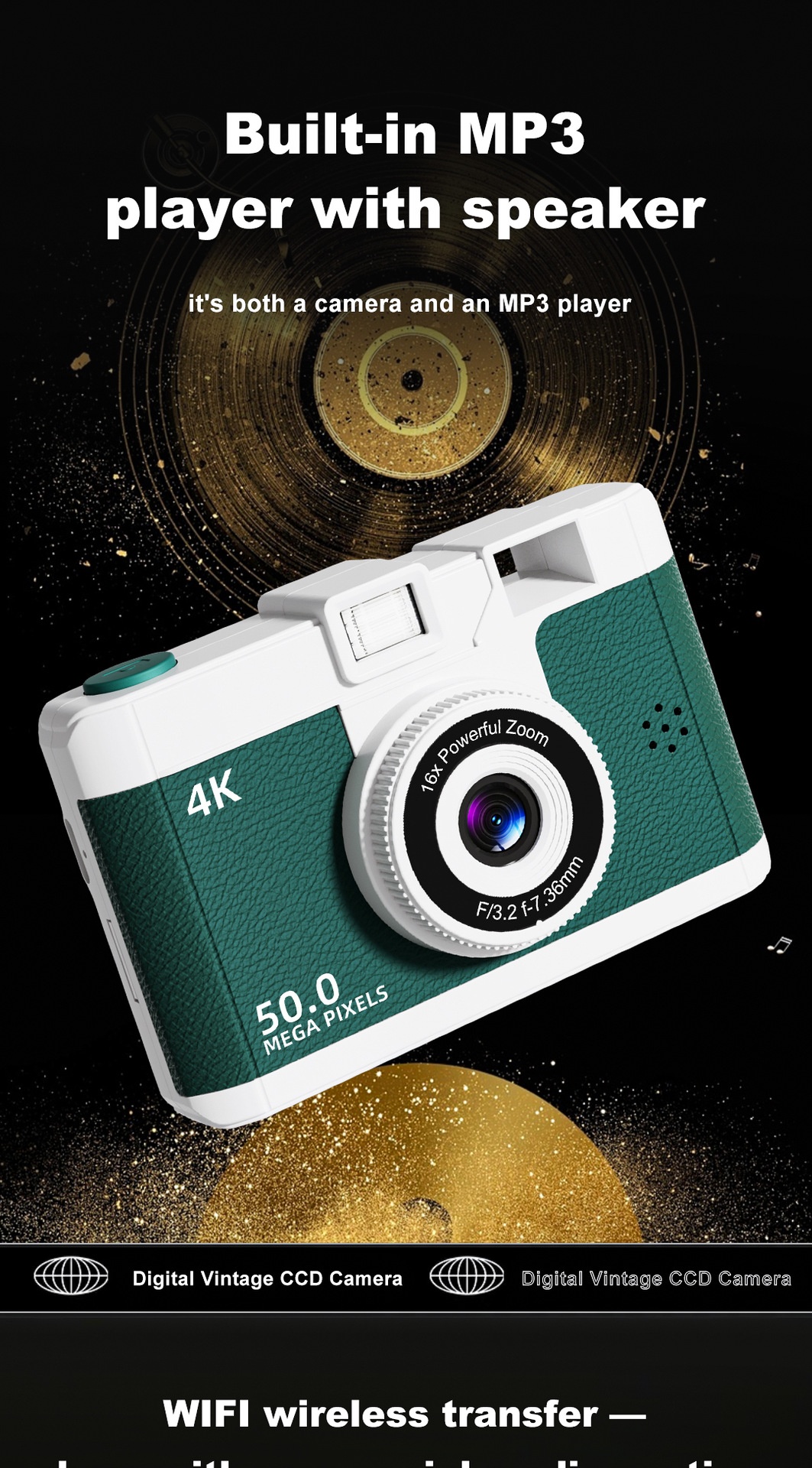 50MP 4K Digital Camera with 16x Digital Zoom, Wi-Fi Transfer, 2.4-Inch IPS Screen, MP3 Playback, 800mAh Battery