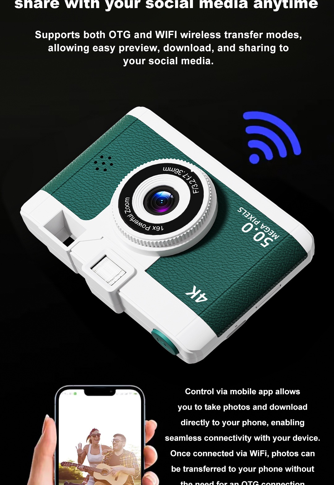 50MP 4K Digital Camera with 16x Digital Zoom, Wi-Fi Transfer, 2.4-Inch IPS Screen, MP3 Playback, 800mAh Battery