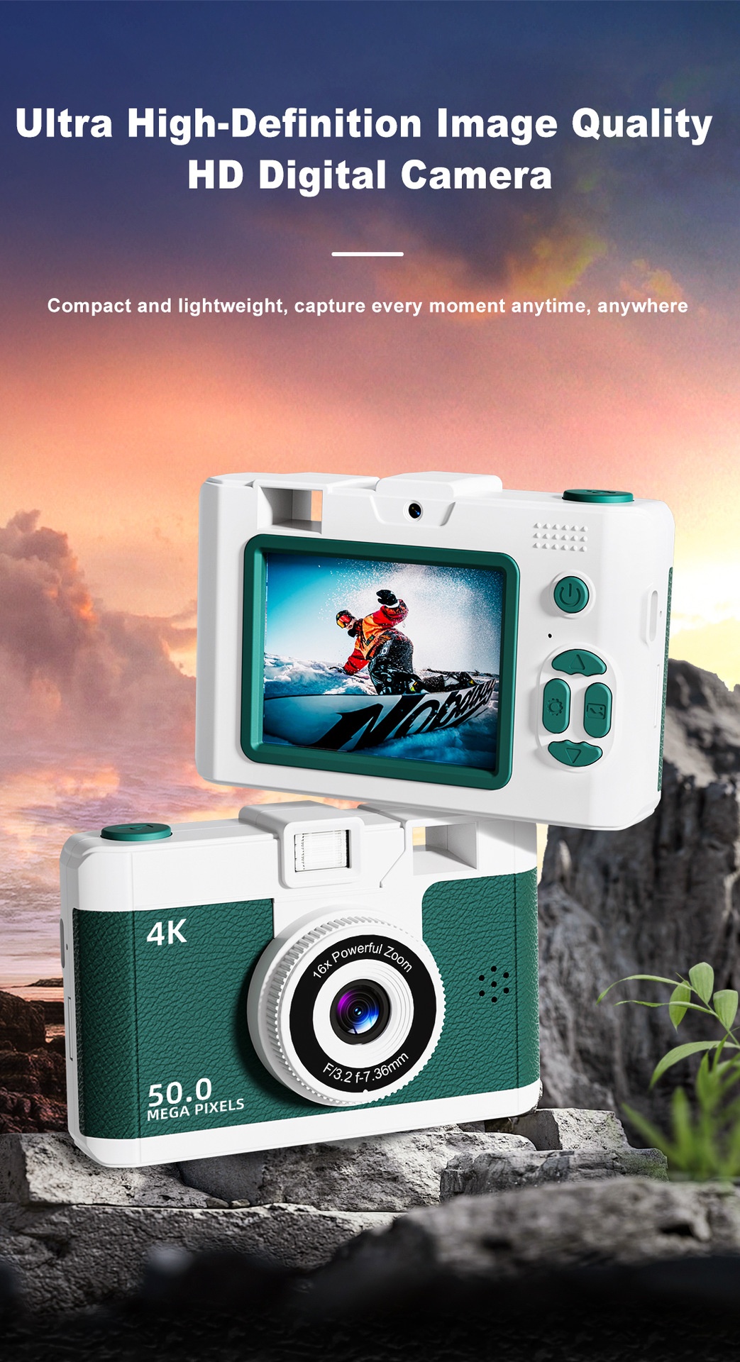 50MP 4K Digital Camera with 16x Digital Zoom, Wi-Fi Transfer, 2.4-Inch IPS Screen, MP3 Playback, 800mAh Battery