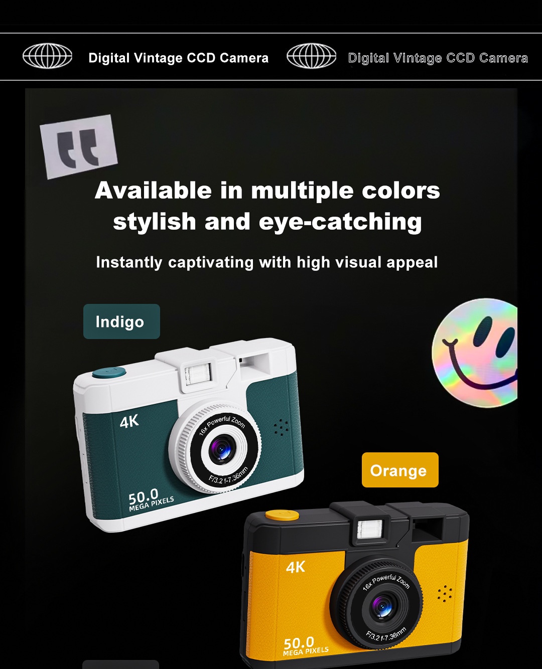 50MP 4K Digital Camera with 16x Digital Zoom, Wi-Fi Transfer, 2.4-Inch IPS Screen, MP3 Playback, 800mAh Battery