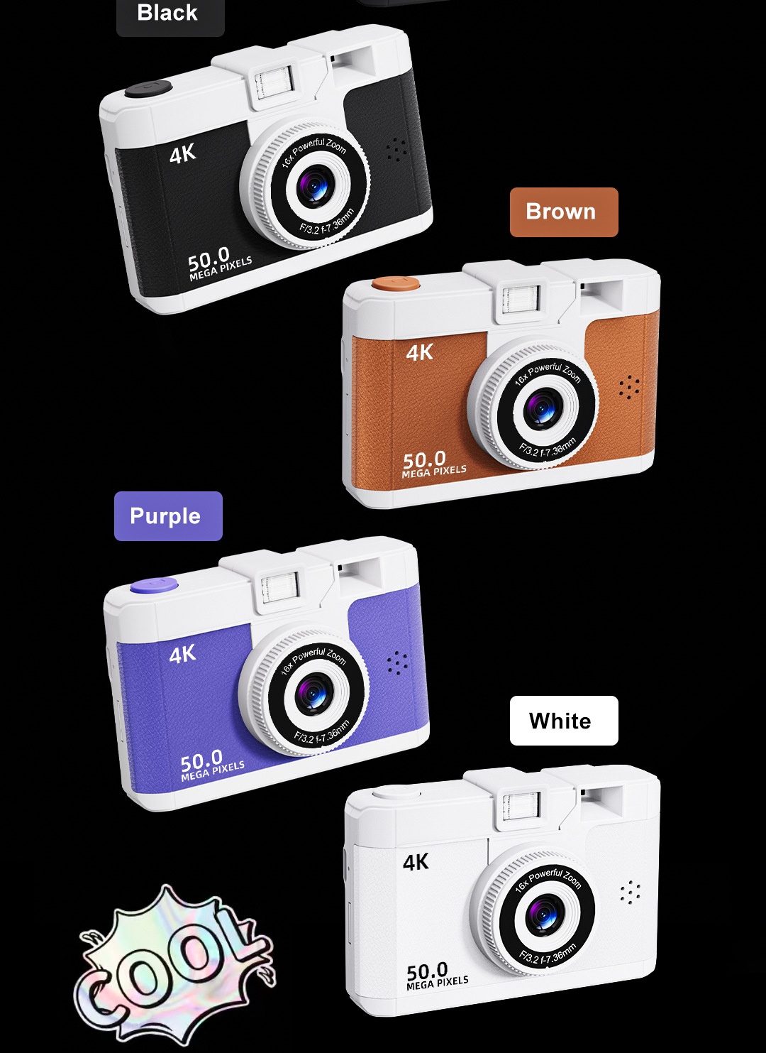 50MP 4K Digital Camera with 16x Digital Zoom, Wi-Fi Transfer, 2.4-Inch IPS Screen, MP3 Playback, 800mAh Battery