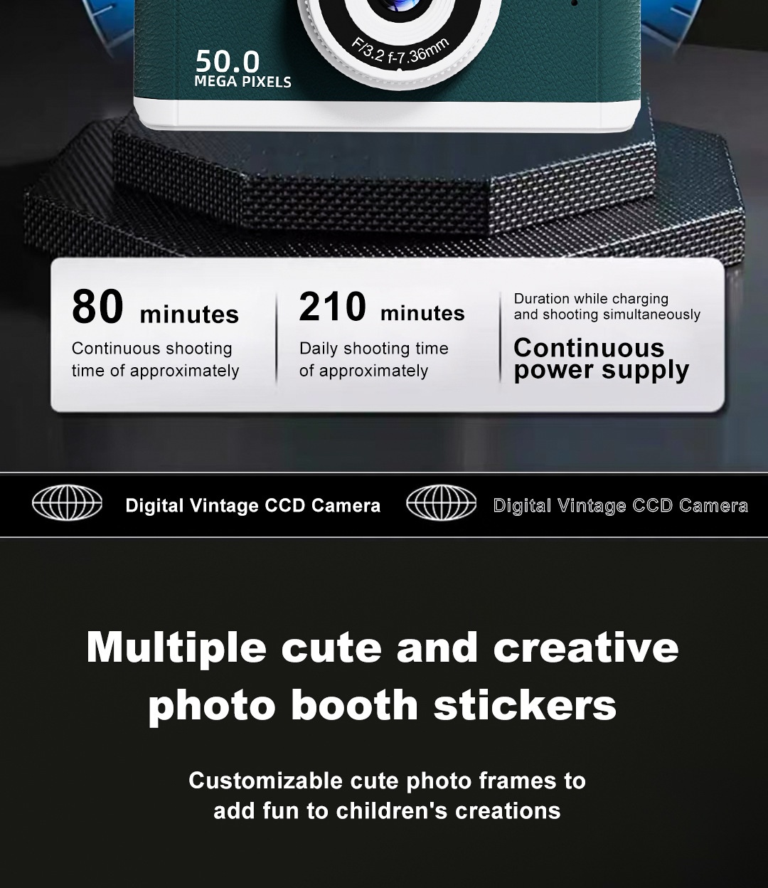 50MP 4K Digital Camera with 16x Digital Zoom, Wi-Fi Transfer, 2.4-Inch IPS Screen, MP3 Playback, 800mAh Battery