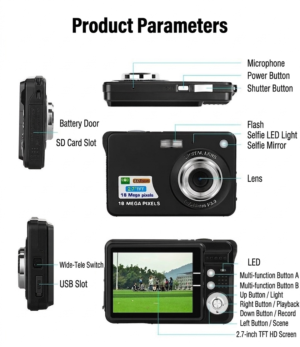 Compact Digital Camera 48MP Point and Shoot, 8X Digital Zoom, 2.7-Inch TFT Screen, Anti-Shake Technology