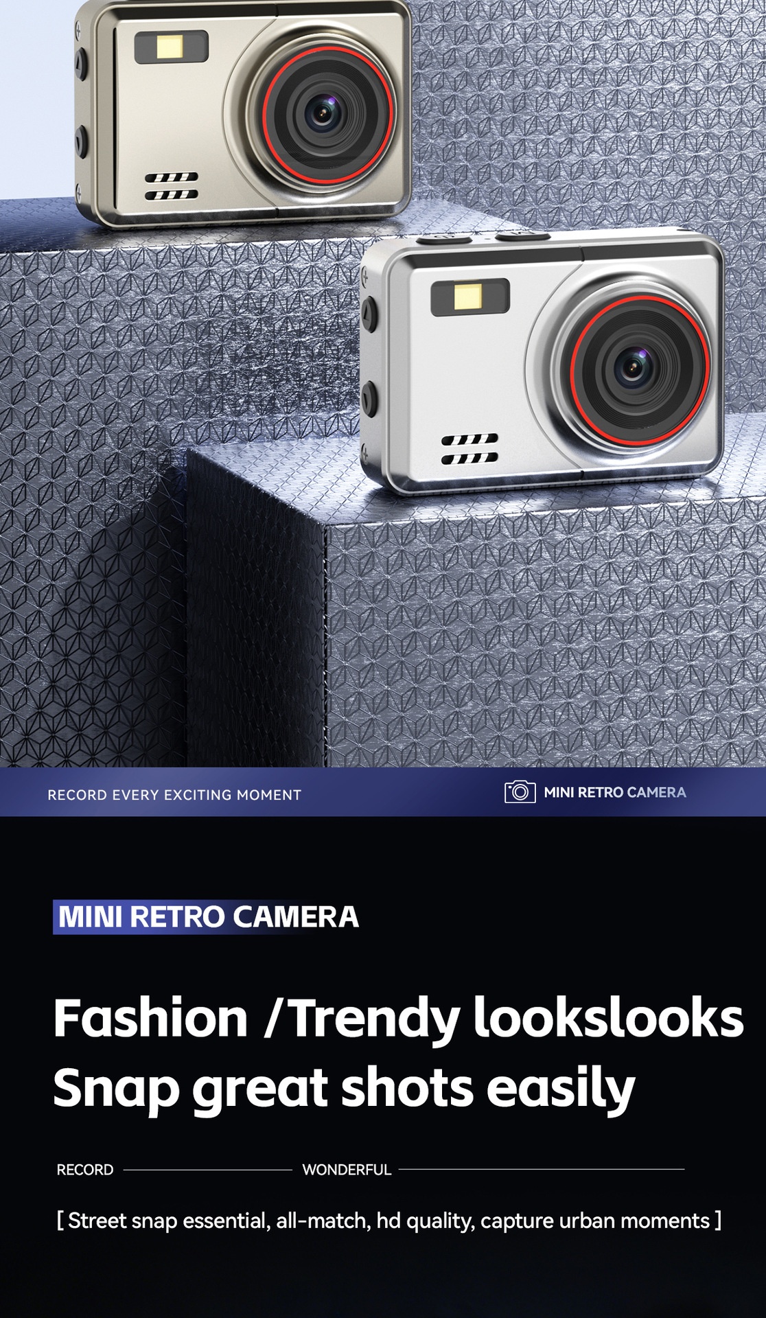 Mini caméra rétro HD 1080p, caméscope numérique portable en alliage de zinc, photos 2 MP, filtres intégrés