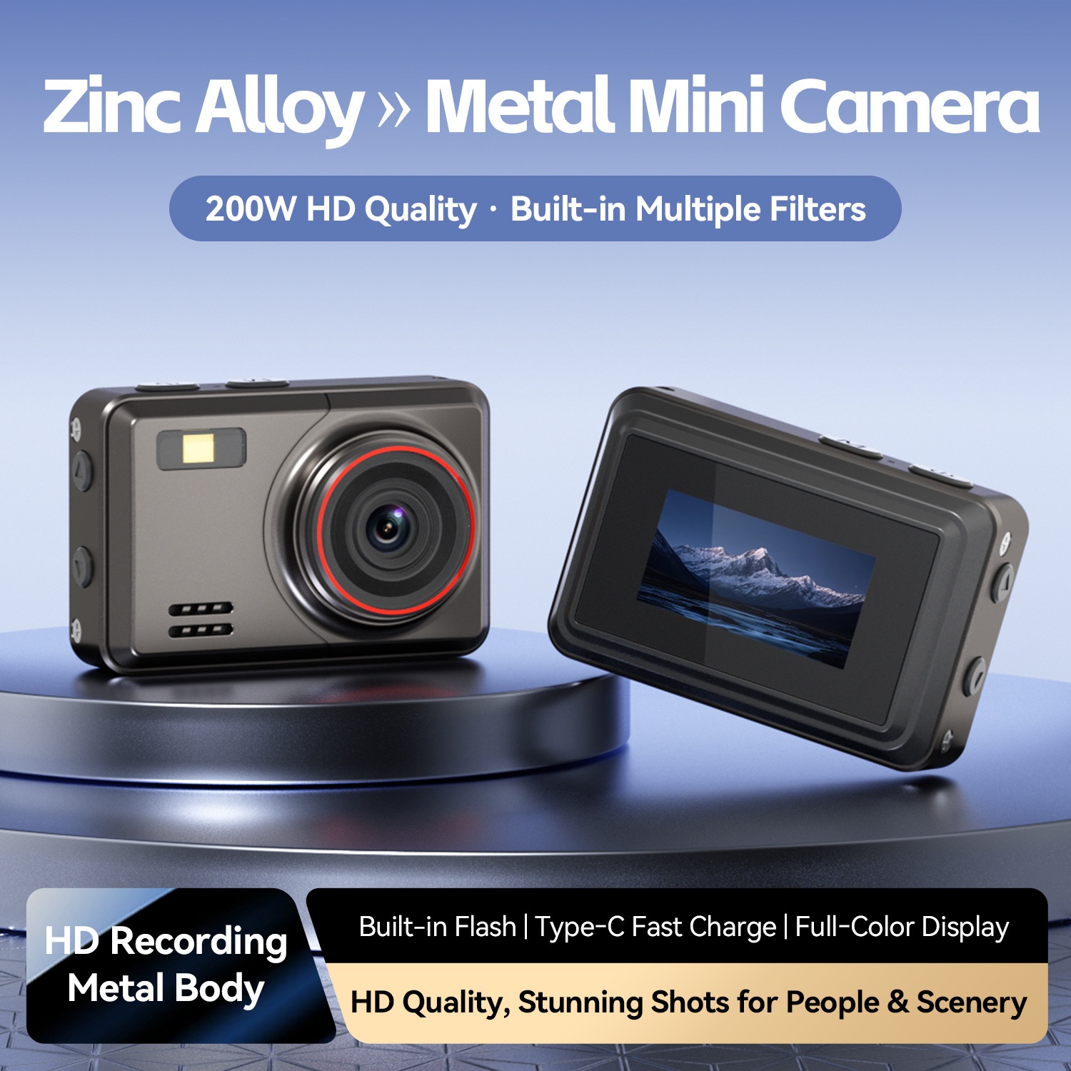 Mini caméra rétro HD 1080p, caméscope numérique portable en alliage de zinc, photos 2 MP, filtres intégrés