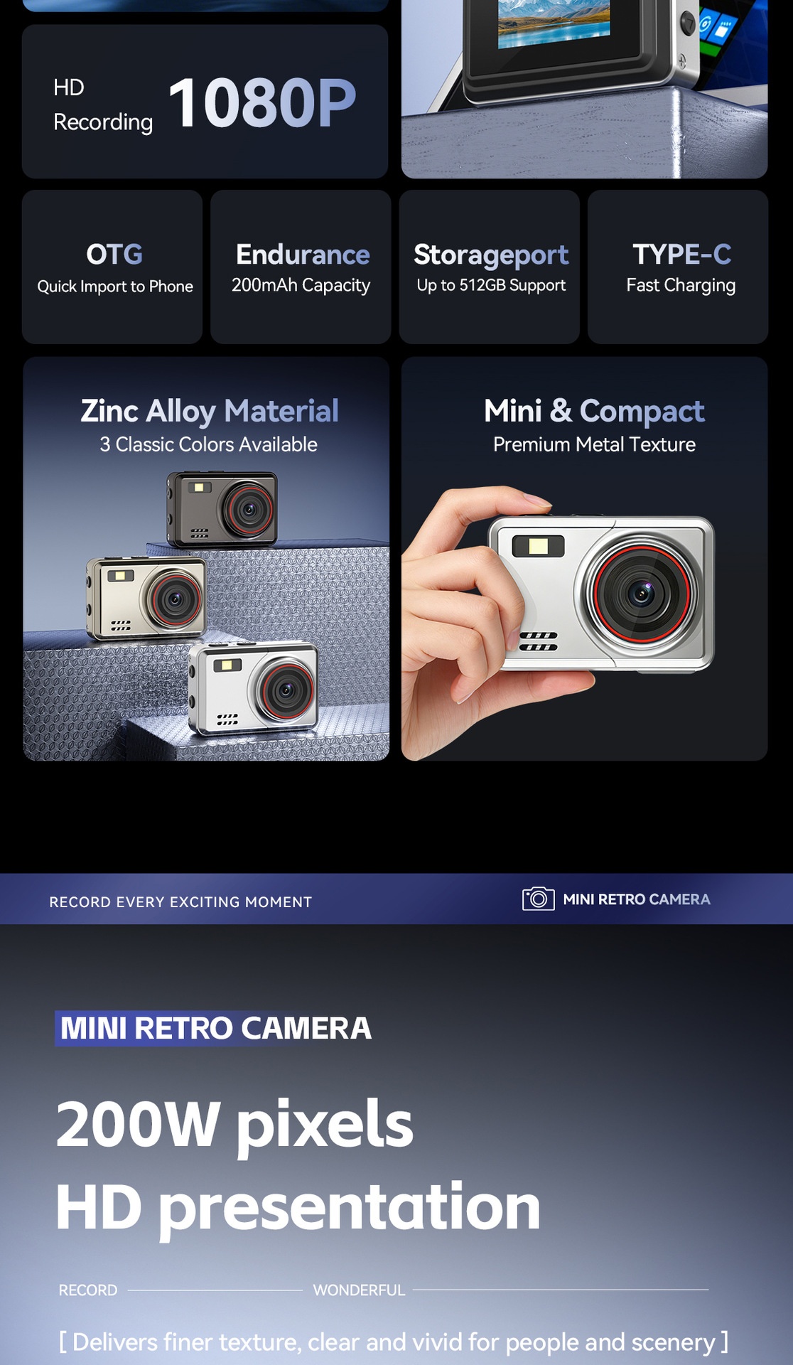 Mini caméra rétro HD 1080p, caméscope numérique portable en alliage de zinc, photos 2 MP, filtres intégrés