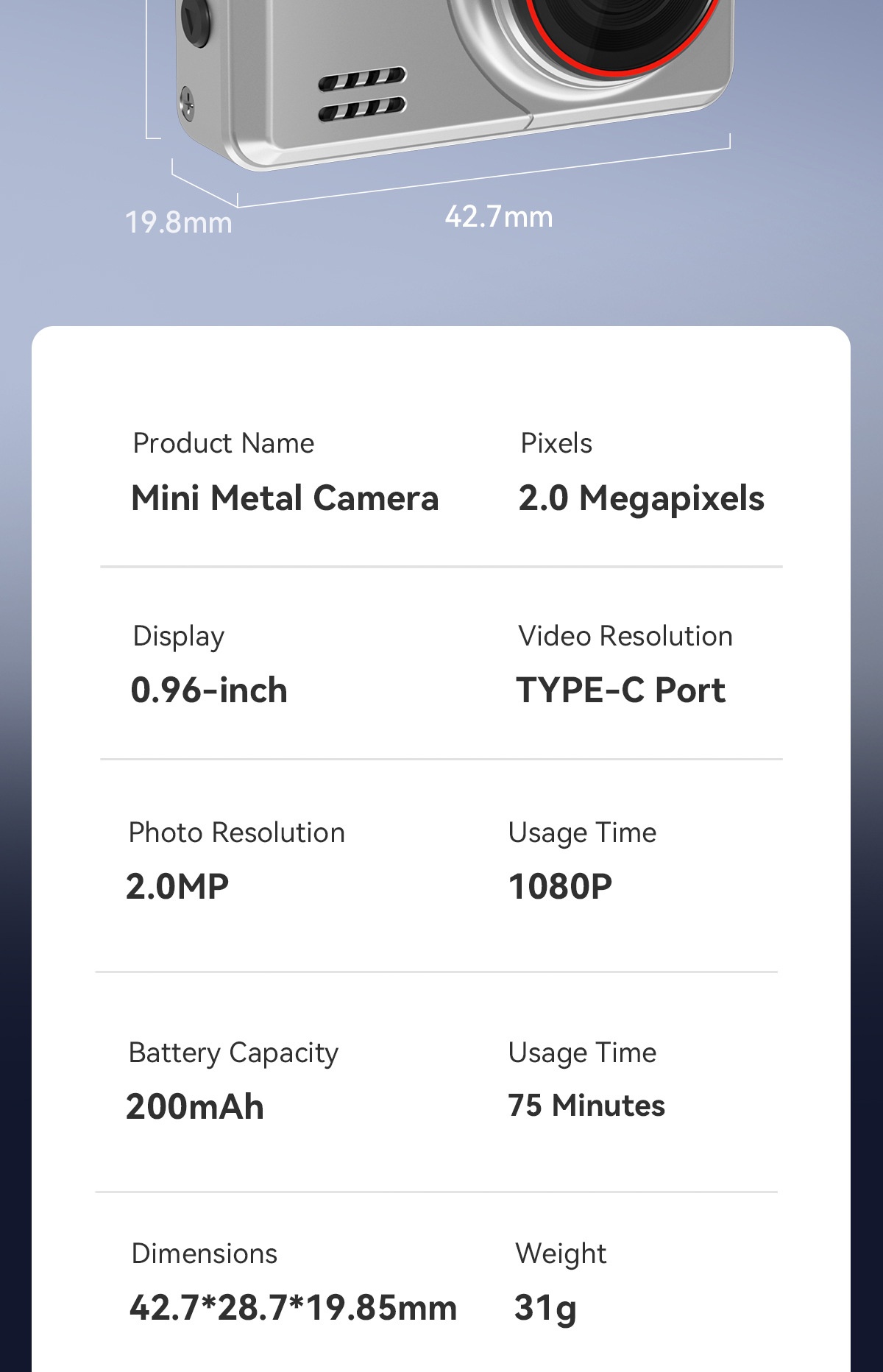 Mini caméra rétro HD 1080p, caméscope numérique portable en alliage de zinc, photos 2 MP, filtres intégrés