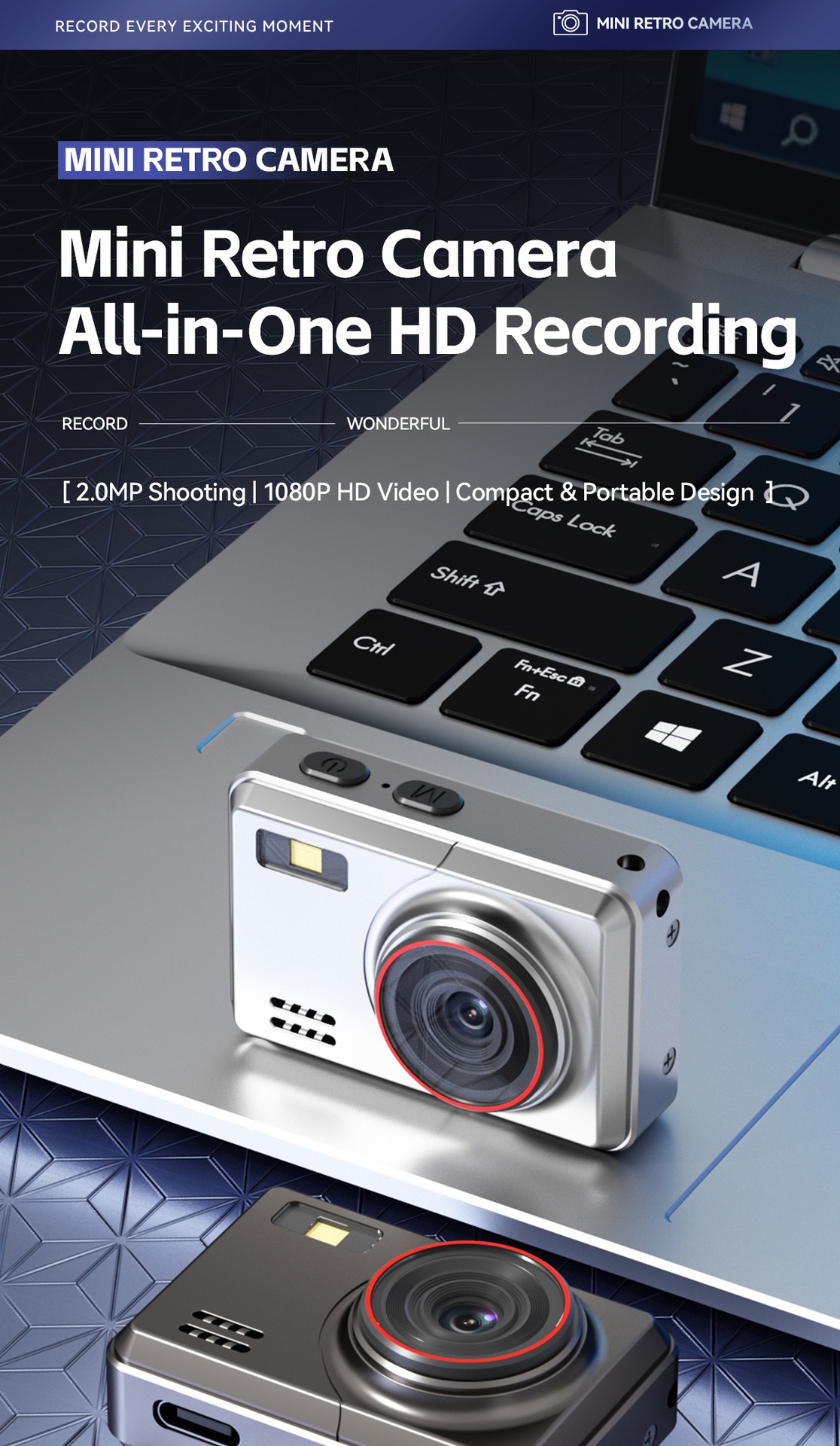 Mini caméra rétro HD 1080p, caméscope numérique portable en alliage de zinc, photos 2 MP, filtres intégrés