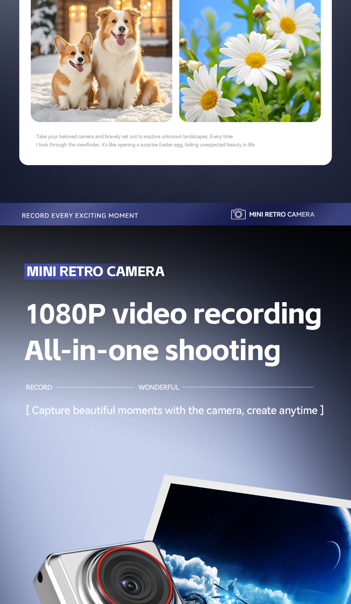 Mini caméra rétro HD 1080p, caméscope numérique portable en alliage de zinc, photos 2 MP, filtres intégrés