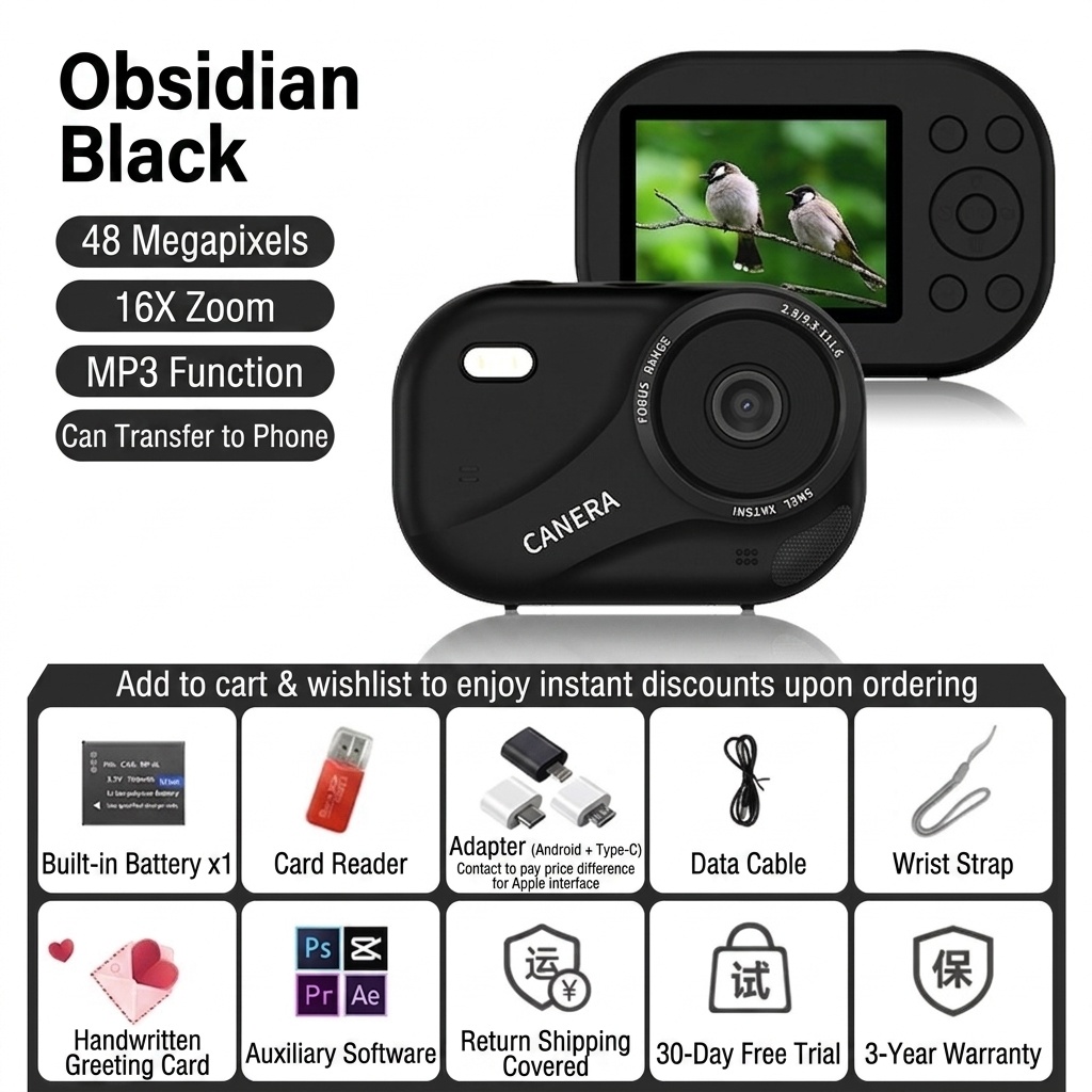 48MP 4K Digital Camera with 16X Digital Zoom, Auto-Focus, Built-in MP3 Player, Anti-Shake, 1200mAh Battery