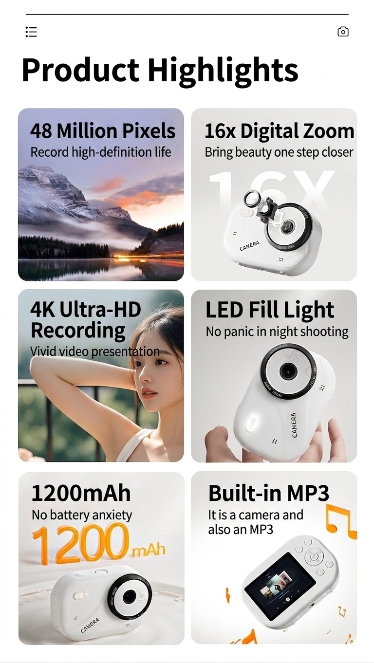 48MP 4K Digital Camera with 16X Digital Zoom, Auto-Focus, Built-in MP3 Player, Anti-Shake, 1200mAh Battery