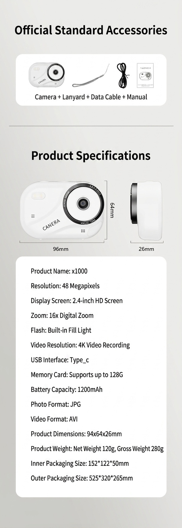 48MP 4K Digital Camera with 16X Digital Zoom, Auto-Focus, Built-in MP3 Player, Anti-Shake, 1200mAh Battery