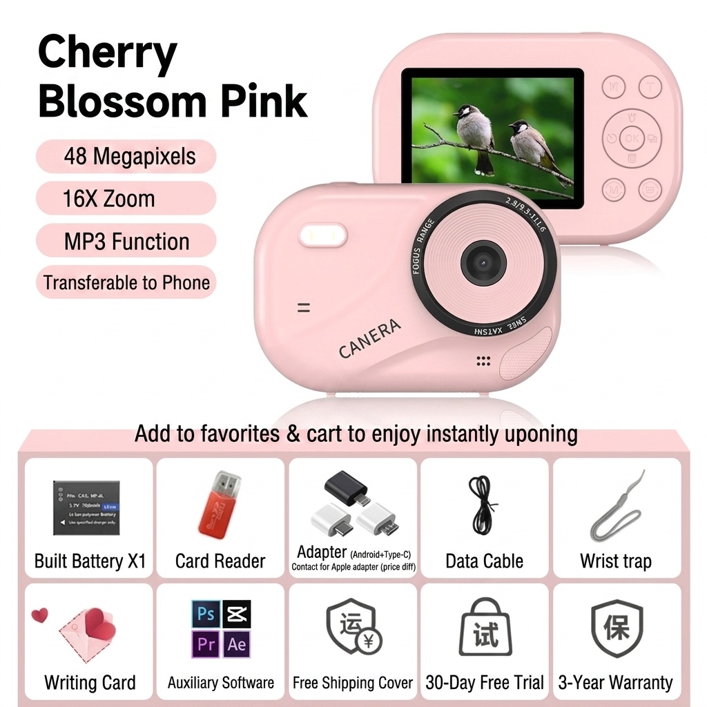 48MP 4K Digital Camera with 16X Digital Zoom, Auto-Focus, Built-in MP3 Player, Anti-Shake, 1200mAh Battery