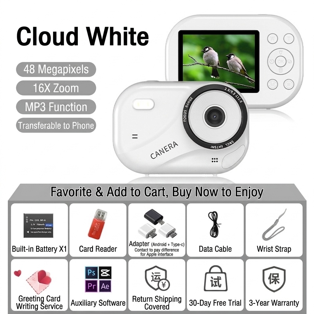 48MP 4K Digital Camera with 16X Digital Zoom, Auto-Focus, Built-in MP3 Player, Anti-Shake, 1200mAh Battery