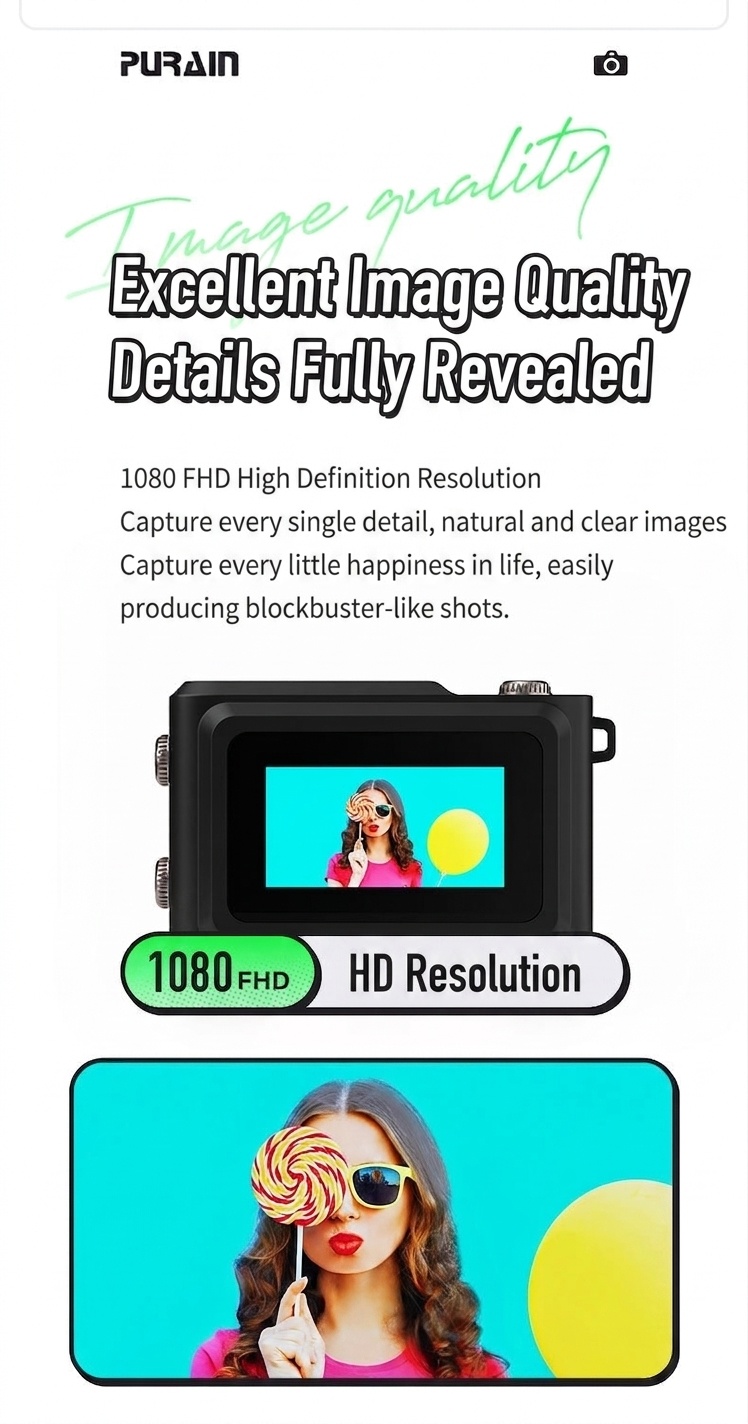 Purain Mini Portable 1080P HD Camera, 8MP Photos, 0.96-Inch Display, 180mAh Battery, Micro SD Support
