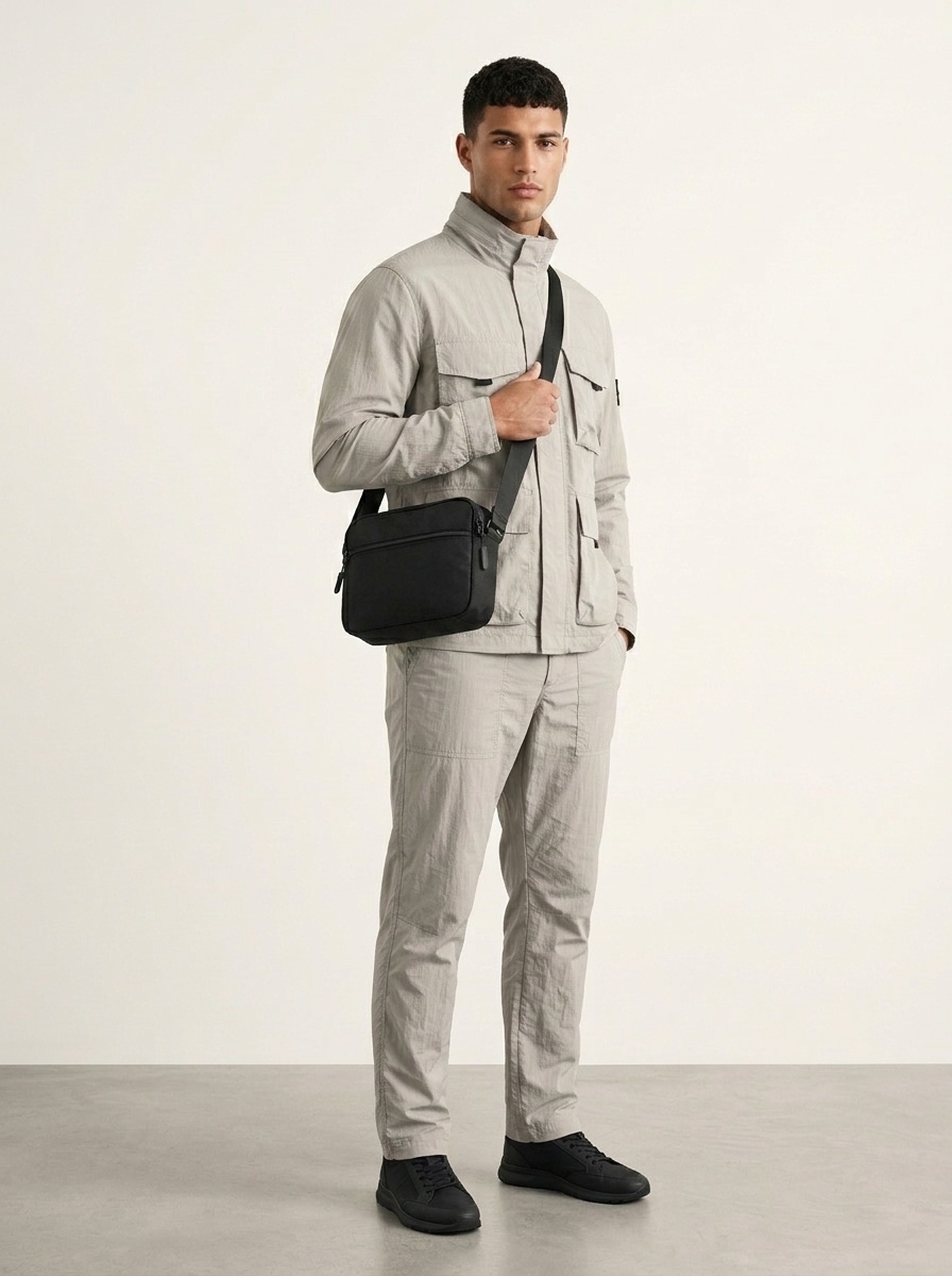 Sleek Black Crossbody Bag - Durable & Multi-Pocket